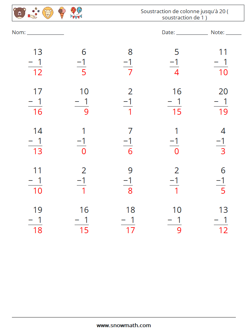 (25) Soustraction de colonne jusqu'à 20 ( soustraction de 1 ) Fiches d'Exercices de Mathématiques 3 Question, Réponse