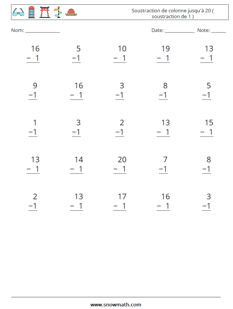 (25) Soustraction de colonne jusqu'à 20 ( soustraction de 1 ) Fiches d'Exercices de Mathématiques 4