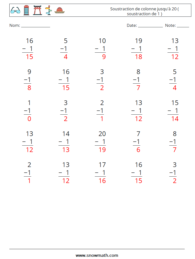 (25) Soustraction de colonne jusqu'à 20 ( soustraction de 1 ) Fiches d'Exercices de Mathématiques 4 Question, Réponse