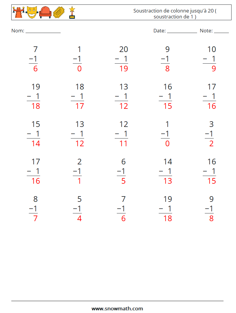 (25) Soustraction de colonne jusqu'à 20 ( soustraction de 1 ) Fiches d'Exercices de Mathématiques 5 Question, Réponse