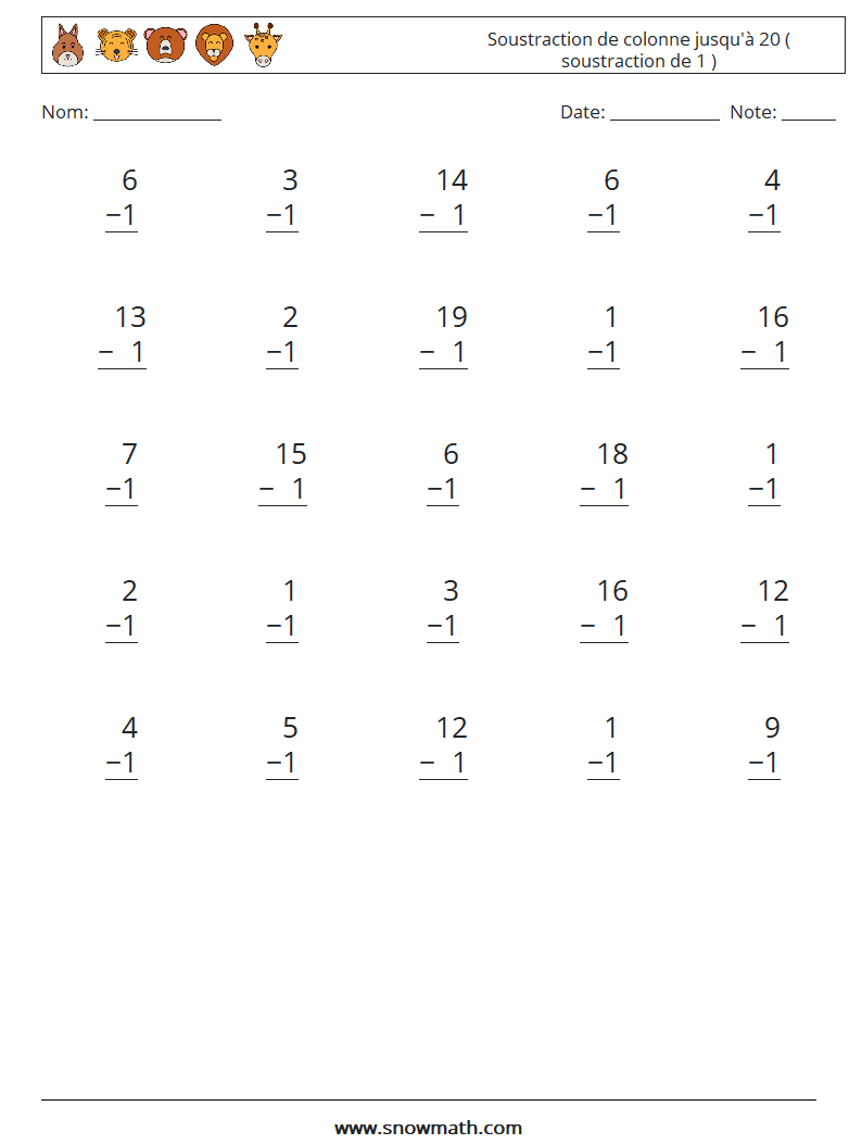 (25) Soustraction de colonne jusqu'à 20 ( soustraction de 1 ) Fiches d'Exercices de Mathématiques 6