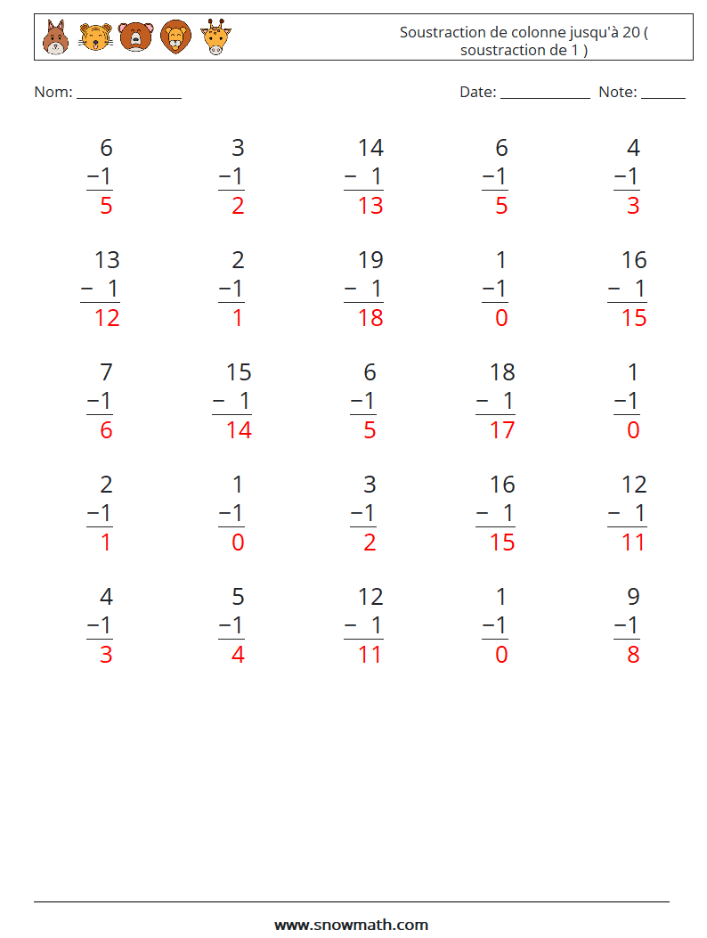 (25) Soustraction de colonne jusqu'à 20 ( soustraction de 1 ) Fiches d'Exercices de Mathématiques 6 Question, Réponse