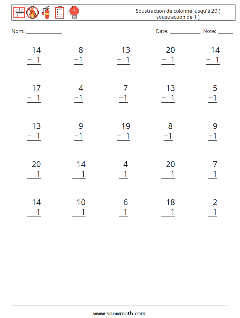 (25) Soustraction de colonne jusqu'à 20 ( soustraction de 1 ) Fiches d'Exercices de Mathématiques 7