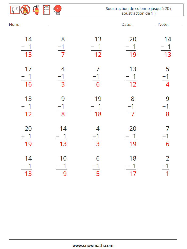 (25) Soustraction de colonne jusqu'à 20 ( soustraction de 1 ) Fiches d'Exercices de Mathématiques 7 Question, Réponse