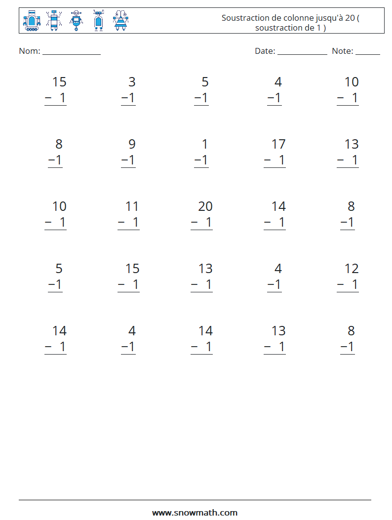 (25) Soustraction de colonne jusqu'à 20 ( soustraction de 1 ) Fiches d'Exercices de Mathématiques 8