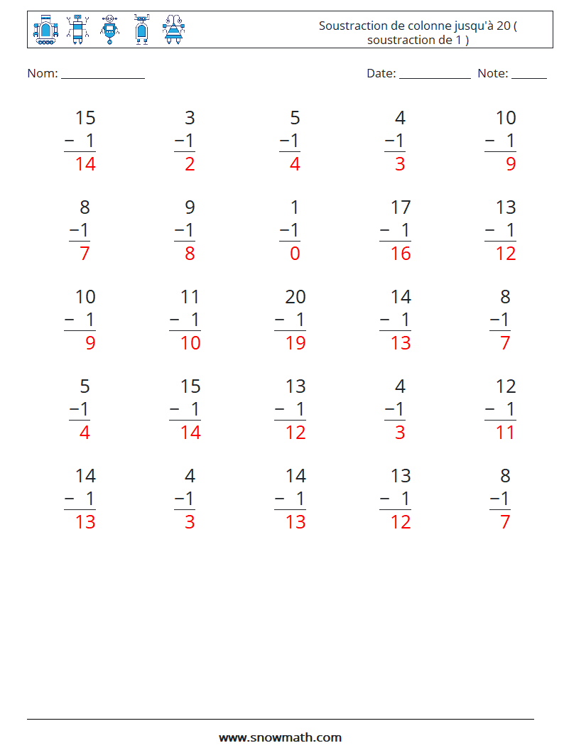 (25) Soustraction de colonne jusqu'à 20 ( soustraction de 1 ) Fiches d'Exercices de Mathématiques 8 Question, Réponse