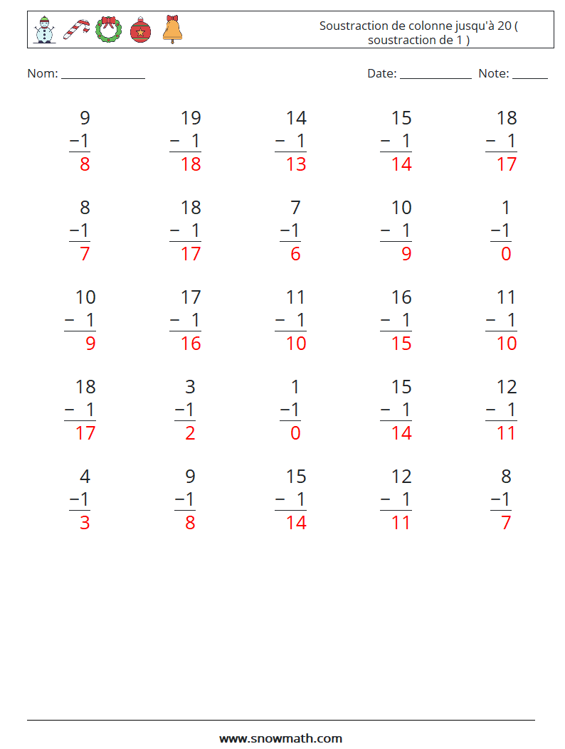 (25) Soustraction de colonne jusqu'à 20 ( soustraction de 1 ) Fiches d'Exercices de Mathématiques 9 Question, Réponse