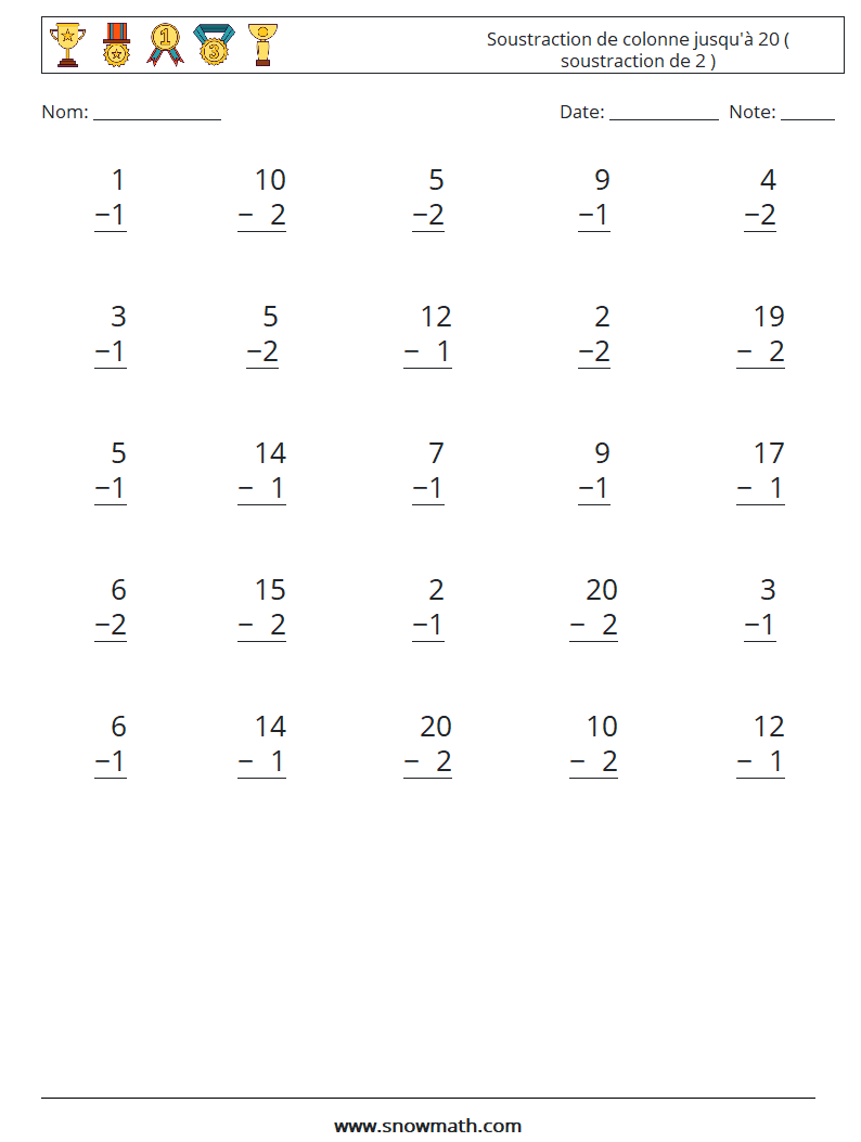 (25) Soustraction de colonne jusqu'à 20 ( soustraction de 2 ) Fiches d'Exercices de Mathématiques 1