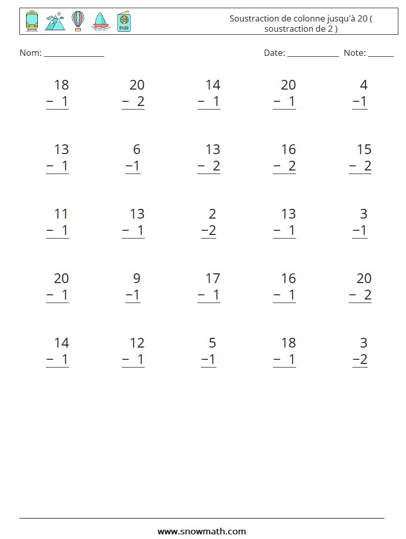 (25) Soustraction de colonne jusqu'à 20 ( soustraction de 2 ) Fiches d'Exercices de Mathématiques 10