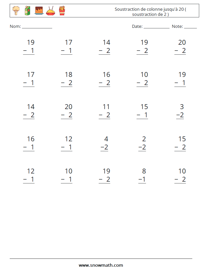 (25) Soustraction de colonne jusqu'à 20 ( soustraction de 2 ) Fiches d'Exercices de Mathématiques 11