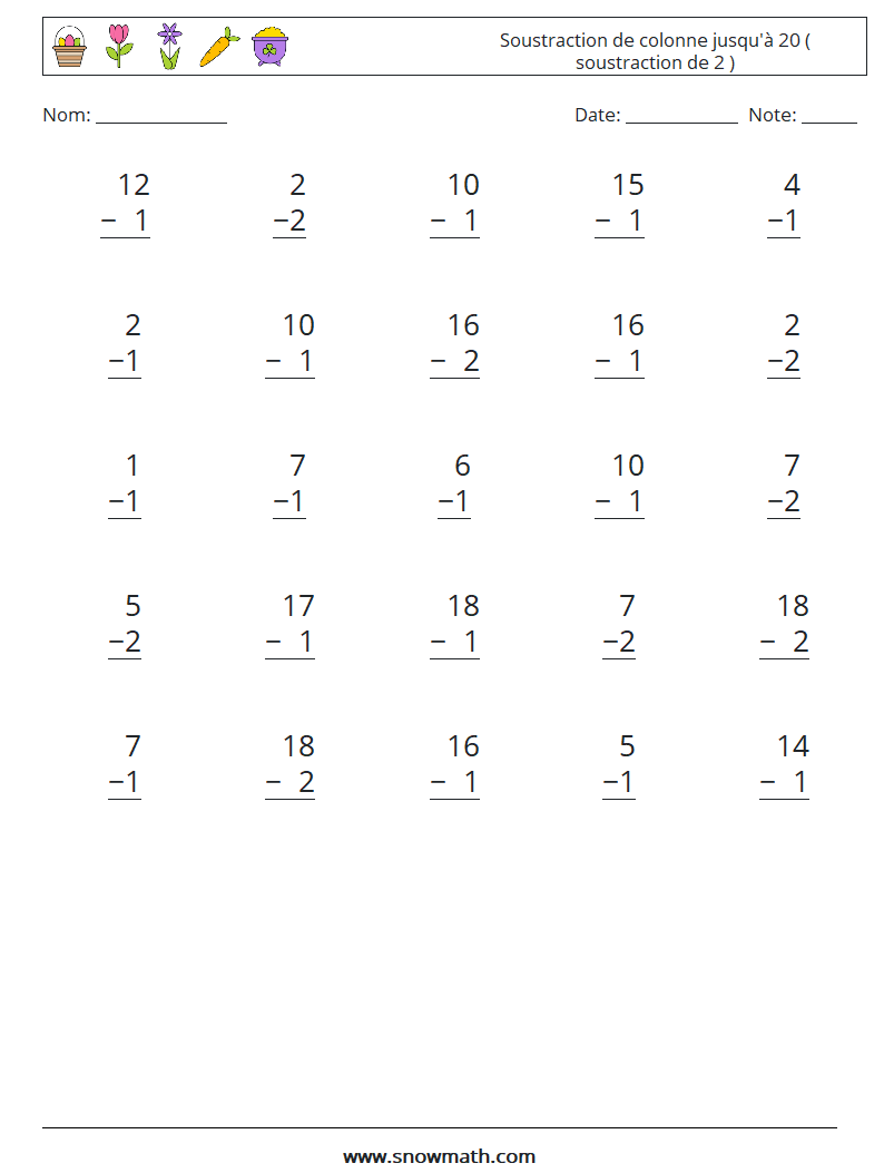 (25) Soustraction de colonne jusqu'à 20 ( soustraction de 2 ) Fiches d'Exercices de Mathématiques 12