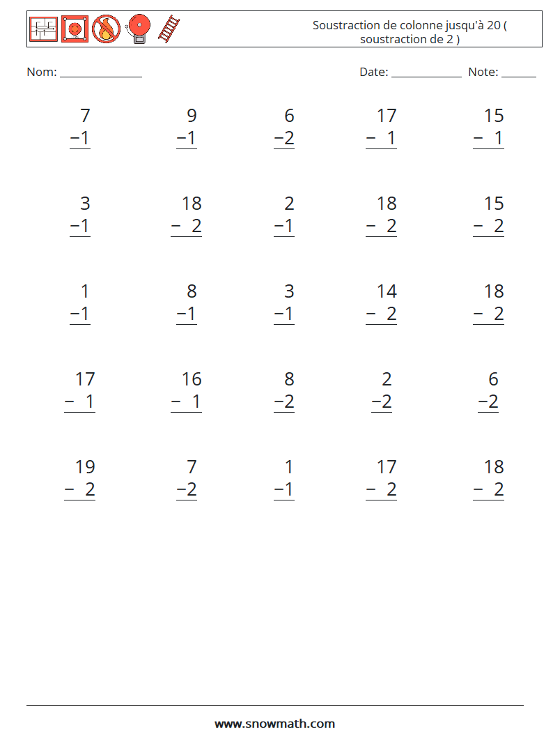 (25) Soustraction de colonne jusqu'à 20 ( soustraction de 2 ) Fiches d'Exercices de Mathématiques 13