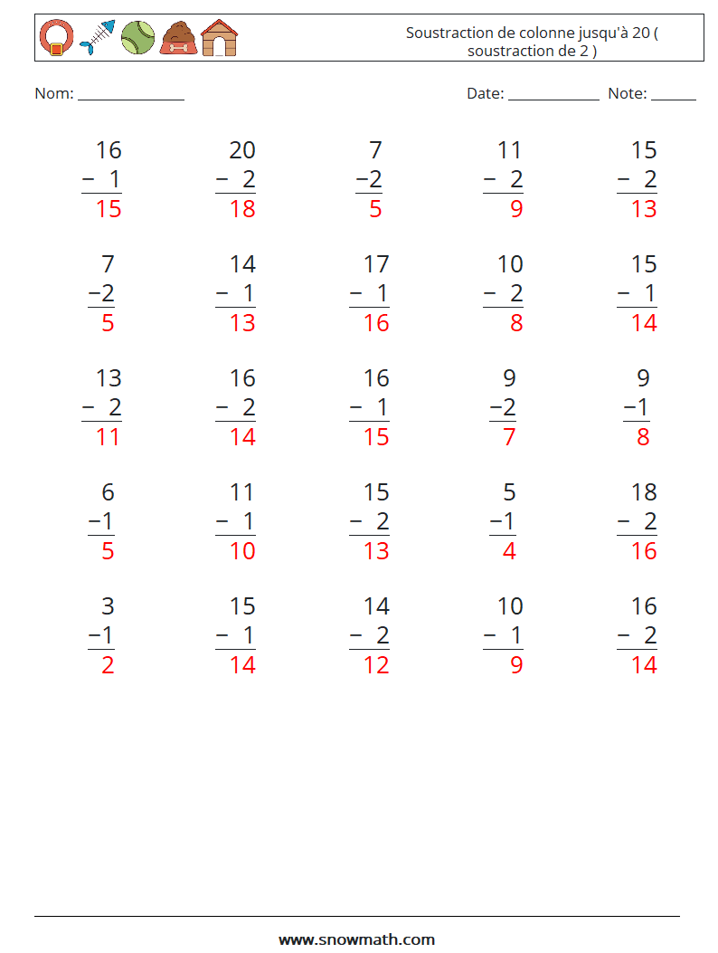 (25) Soustraction de colonne jusqu'à 20 ( soustraction de 2 ) Fiches d'Exercices de Mathématiques 14 Question, Réponse