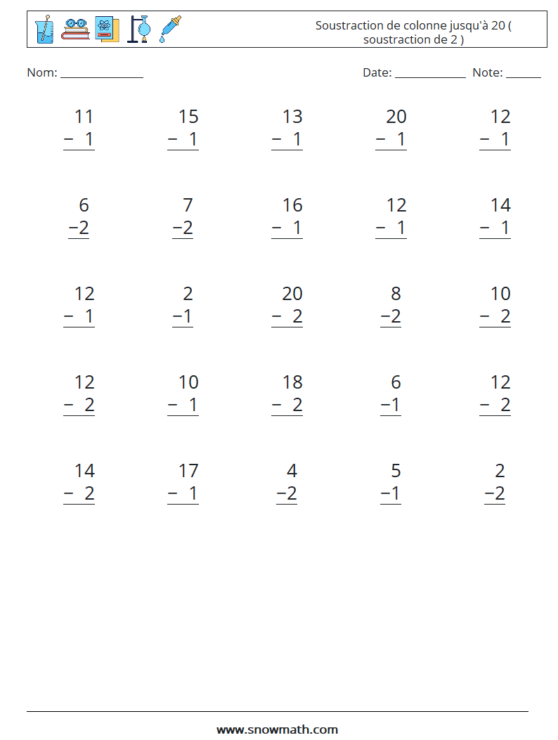 (25) Soustraction de colonne jusqu'à 20 ( soustraction de 2 ) Fiches d'Exercices de Mathématiques 16