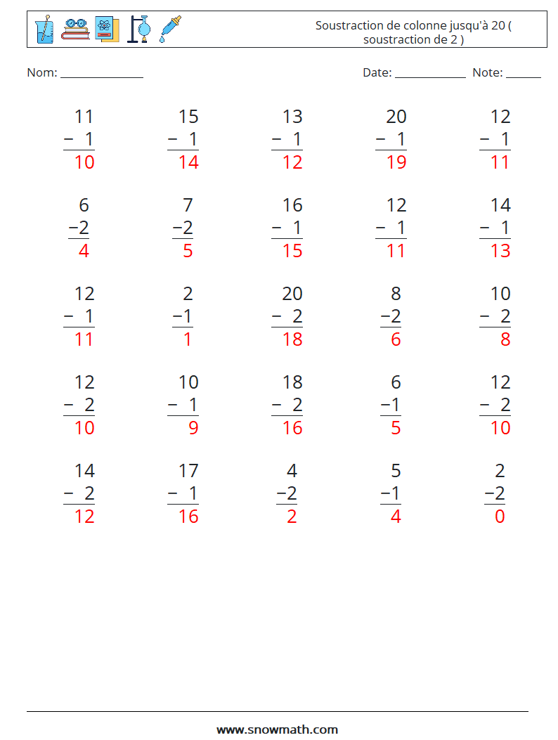 (25) Soustraction de colonne jusqu'à 20 ( soustraction de 2 ) Fiches d'Exercices de Mathématiques 16 Question, Réponse