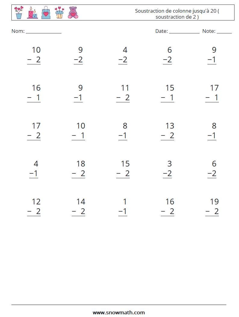 (25) Soustraction de colonne jusqu'à 20 ( soustraction de 2 ) Fiches d'Exercices de Mathématiques 17