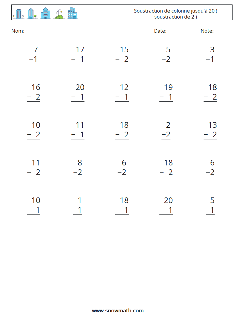 (25) Soustraction de colonne jusqu'à 20 ( soustraction de 2 ) Fiches d'Exercices de Mathématiques 18