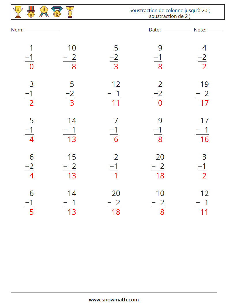 (25) Soustraction de colonne jusqu'à 20 ( soustraction de 2 ) Fiches d'Exercices de Mathématiques 1 Question, Réponse