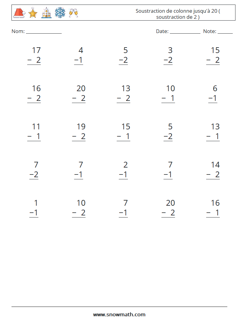 (25) Soustraction de colonne jusqu'à 20 ( soustraction de 2 ) Fiches d'Exercices de Mathématiques 2