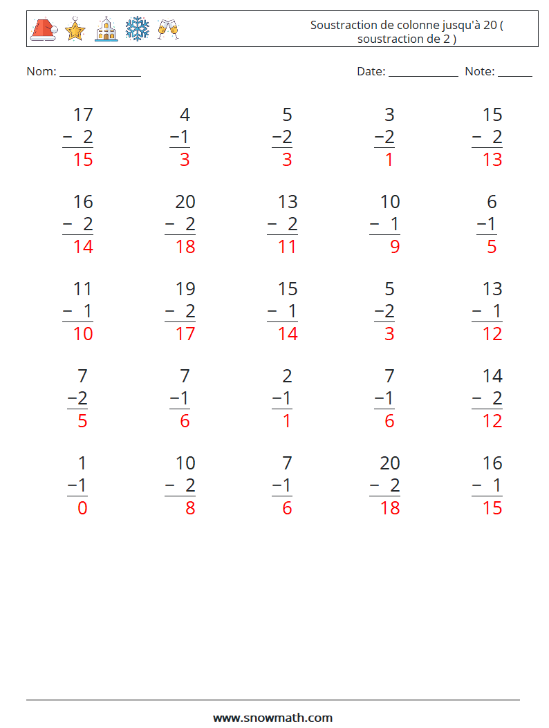 (25) Soustraction de colonne jusqu'à 20 ( soustraction de 2 ) Fiches d'Exercices de Mathématiques 2 Question, Réponse