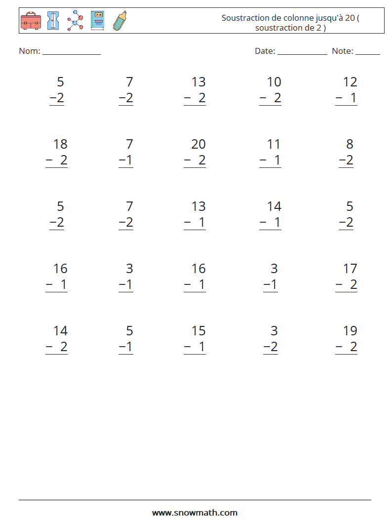 (25) Soustraction de colonne jusqu'à 20 ( soustraction de 2 ) Fiches d'Exercices de Mathématiques 3
