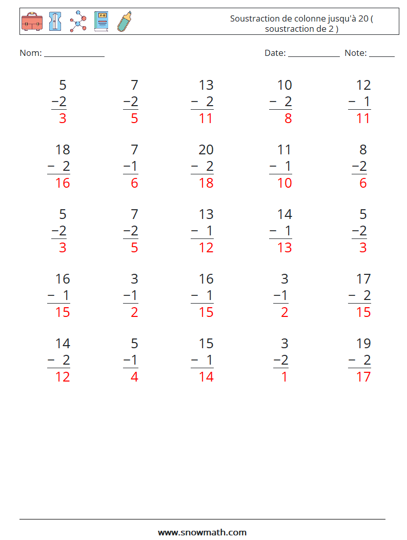 (25) Soustraction de colonne jusqu'à 20 ( soustraction de 2 ) Fiches d'Exercices de Mathématiques 3 Question, Réponse