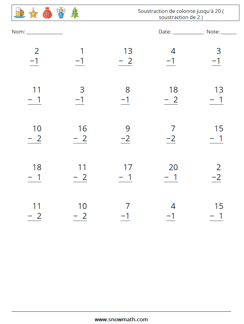 (25) Soustraction de colonne jusqu'à 20 ( soustraction de 2 ) Fiches d'Exercices de Mathématiques 4