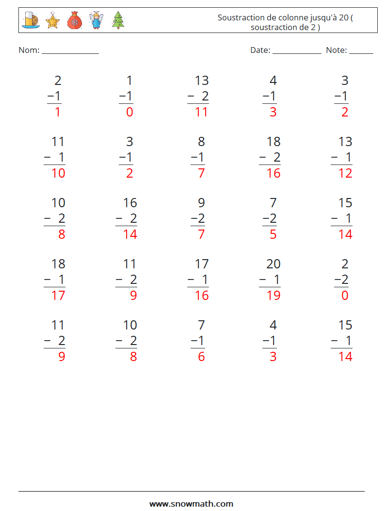 (25) Soustraction de colonne jusqu'à 20 ( soustraction de 2 ) Fiches d'Exercices de Mathématiques 4 Question, Réponse