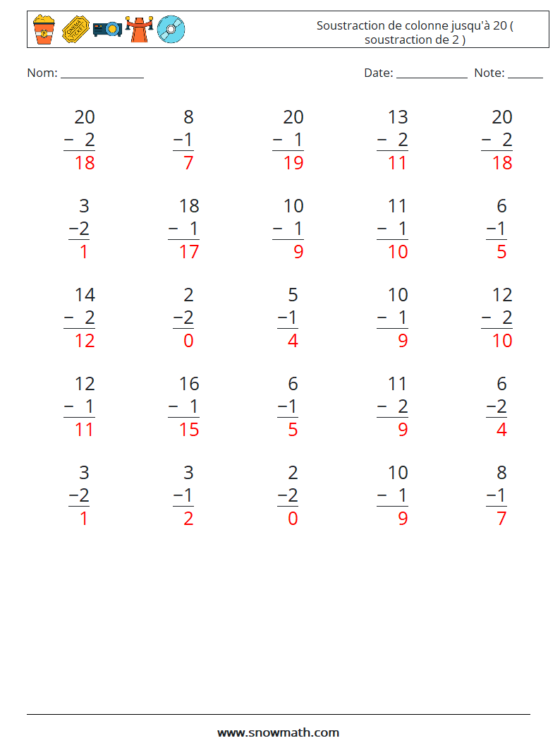 (25) Soustraction de colonne jusqu'à 20 ( soustraction de 2 ) Fiches d'Exercices de Mathématiques 5 Question, Réponse