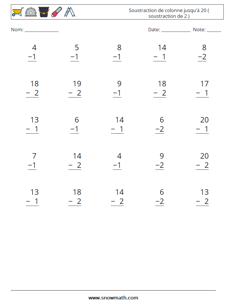 (25) Soustraction de colonne jusqu'à 20 ( soustraction de 2 ) Fiches d'Exercices de Mathématiques 7