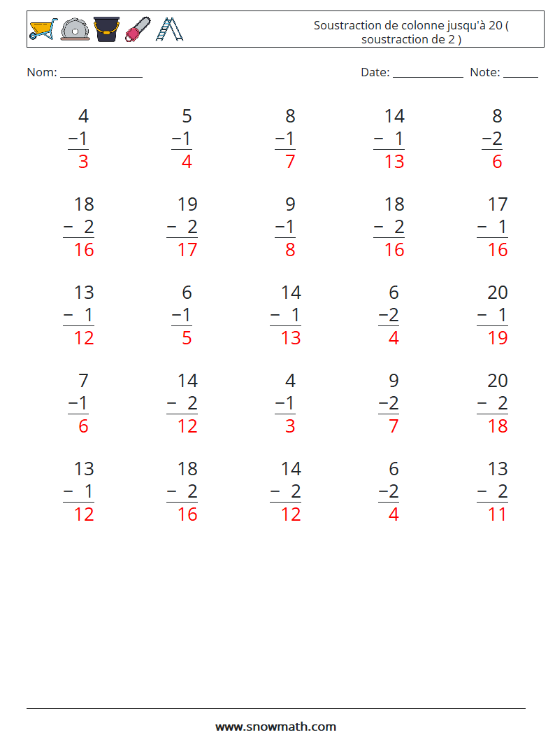 (25) Soustraction de colonne jusqu'à 20 ( soustraction de 2 ) Fiches d'Exercices de Mathématiques 7 Question, Réponse