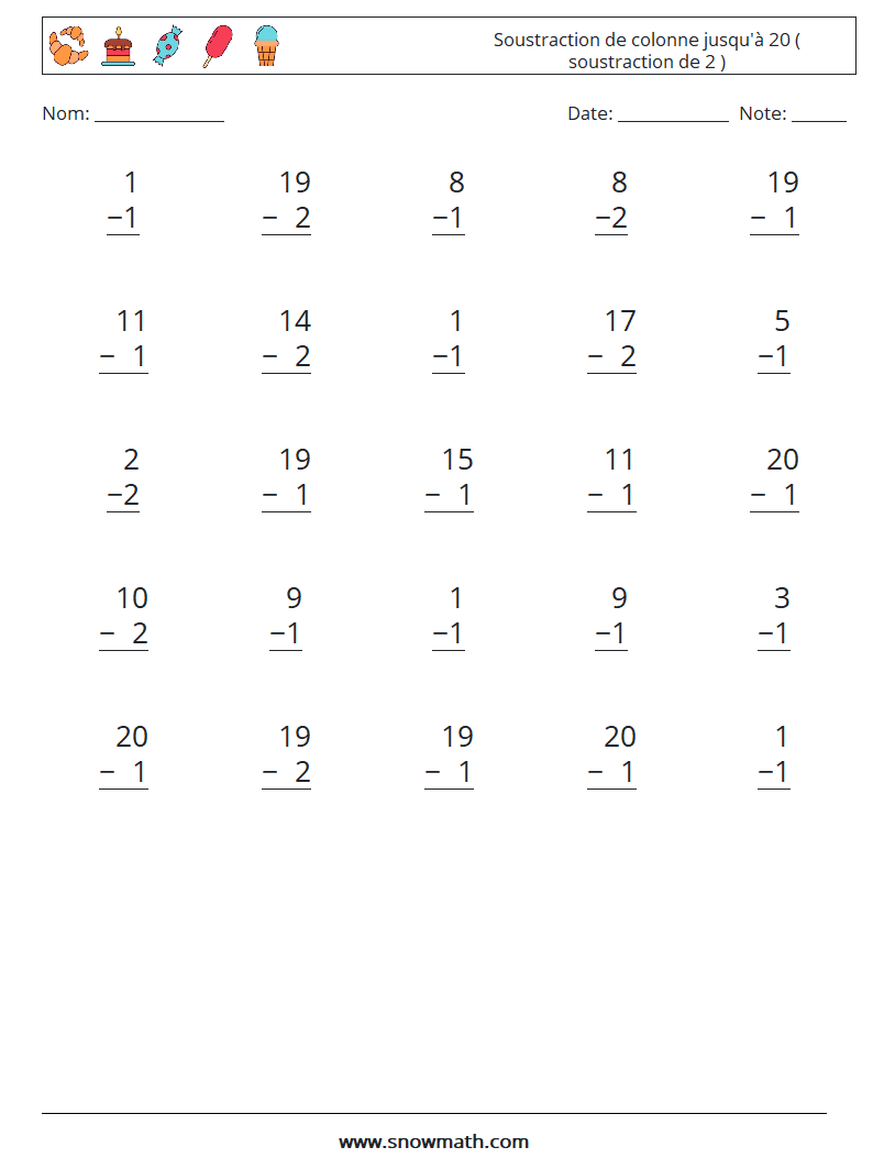 (25) Soustraction de colonne jusqu'à 20 ( soustraction de 2 ) Fiches d'Exercices de Mathématiques 8