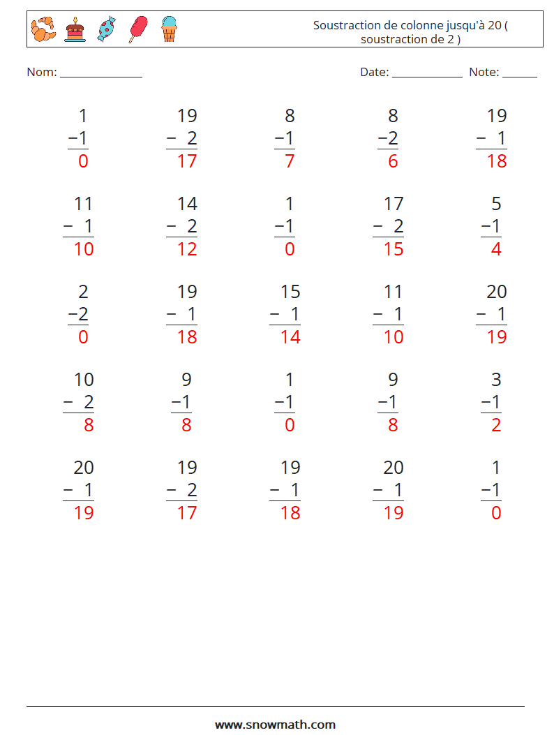 (25) Soustraction de colonne jusqu'à 20 ( soustraction de 2 ) Fiches d'Exercices de Mathématiques 8 Question, Réponse