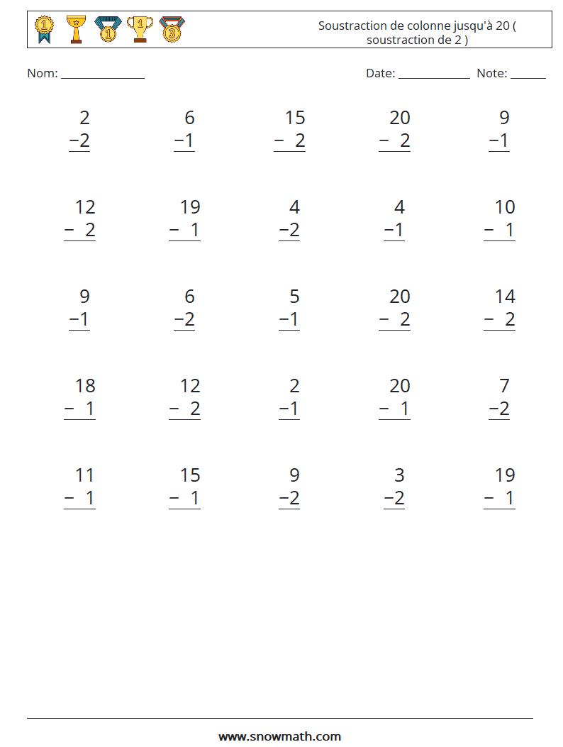 (25) Soustraction de colonne jusqu'à 20 ( soustraction de 2 ) Fiches d'Exercices de Mathématiques 9