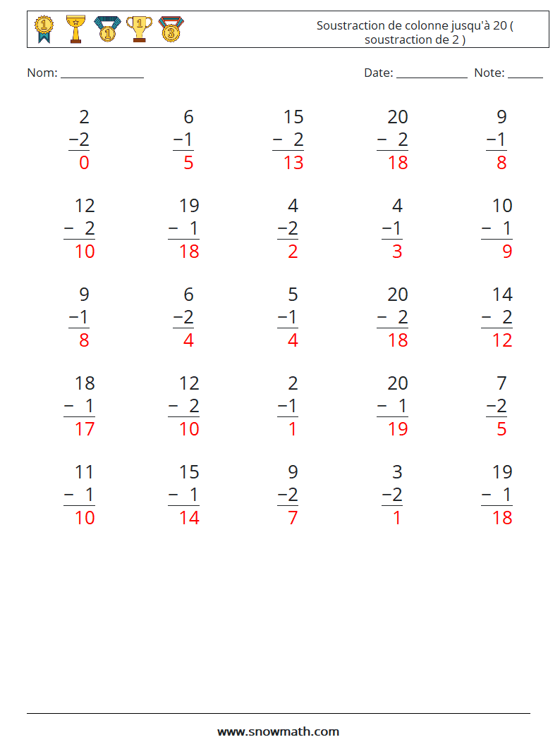 (25) Soustraction de colonne jusqu'à 20 ( soustraction de 2 ) Fiches d'Exercices de Mathématiques 9 Question, Réponse