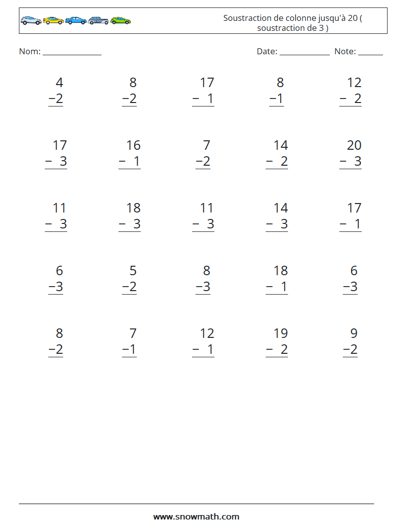 (25) Soustraction de colonne jusqu'à 20 ( soustraction de 3 ) Fiches d'Exercices de Mathématiques 1