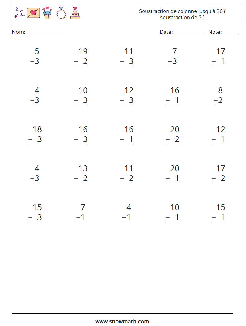 (25) Soustraction de colonne jusqu'à 20 ( soustraction de 3 ) Fiches d'Exercices de Mathématiques 10