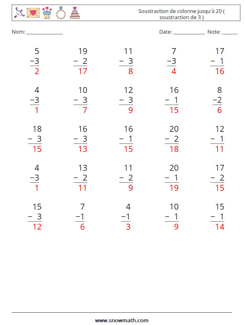 (25) Soustraction de colonne jusqu'à 20 ( soustraction de 3 ) Fiches d'Exercices de Mathématiques 10 Question, Réponse