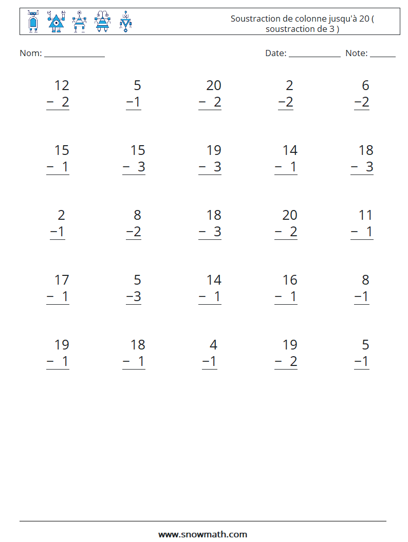 (25) Soustraction de colonne jusqu'à 20 ( soustraction de 3 ) Fiches d'Exercices de Mathématiques 11