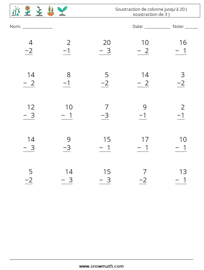 (25) Soustraction de colonne jusqu'à 20 ( soustraction de 3 ) Fiches d'Exercices de Mathématiques 13