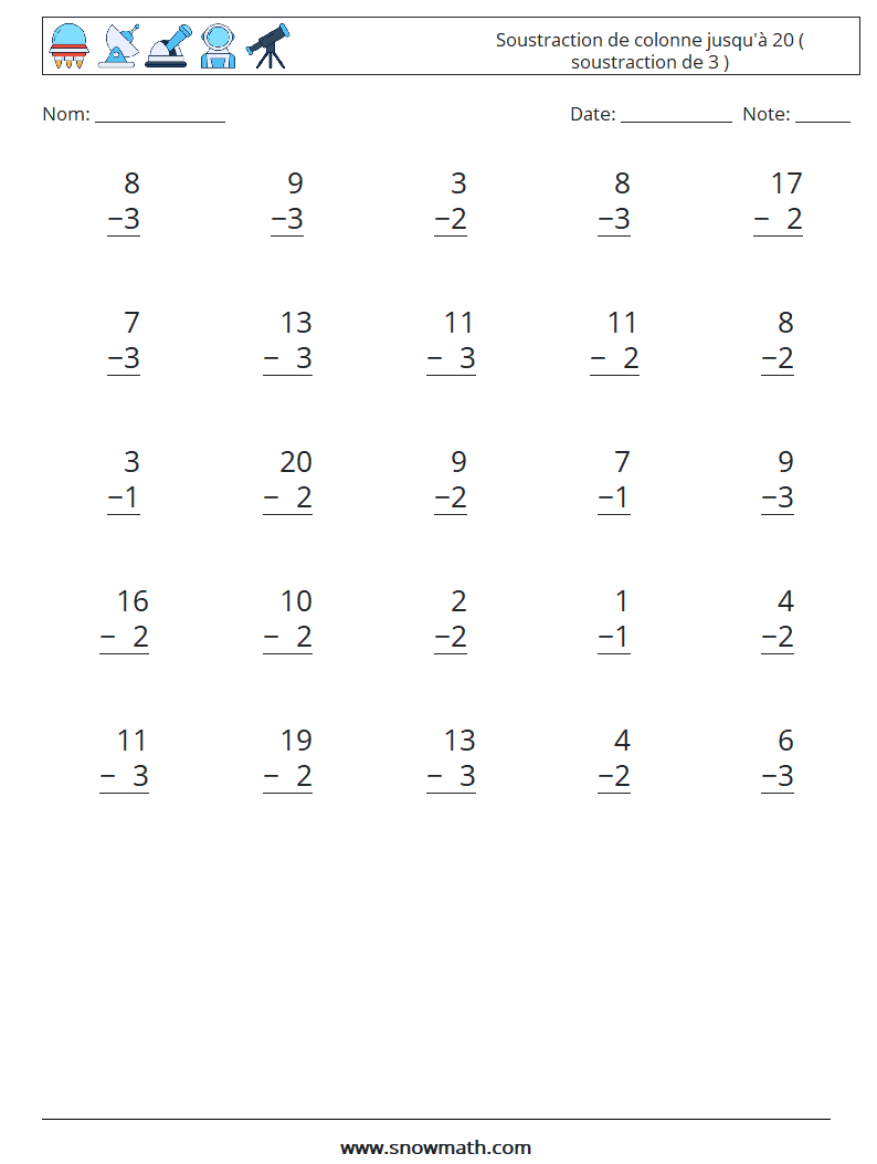 (25) Soustraction de colonne jusqu'à 20 ( soustraction de 3 ) Fiches d'Exercices de Mathématiques 14