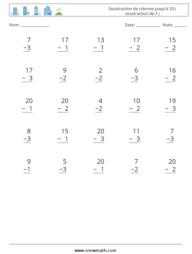 (25) Soustraction de colonne jusqu'à 20 ( soustraction de 3 ) Fiches d'Exercices de Mathématiques 16