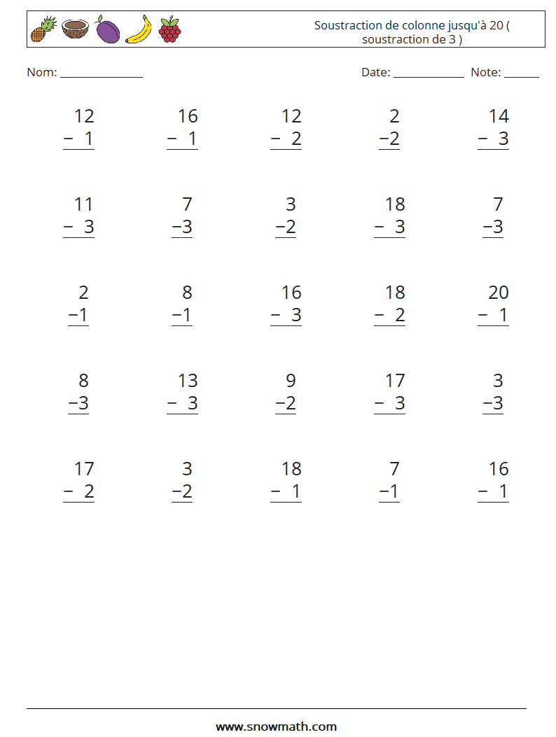 (25) Soustraction de colonne jusqu'à 20 ( soustraction de 3 ) Fiches d'Exercices de Mathématiques 17