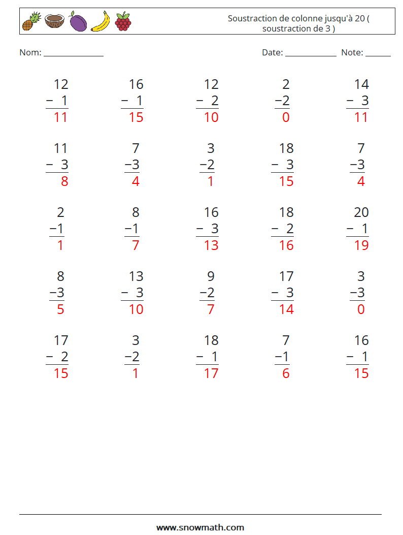(25) Soustraction de colonne jusqu'à 20 ( soustraction de 3 ) Fiches d'Exercices de Mathématiques 17 Question, Réponse
