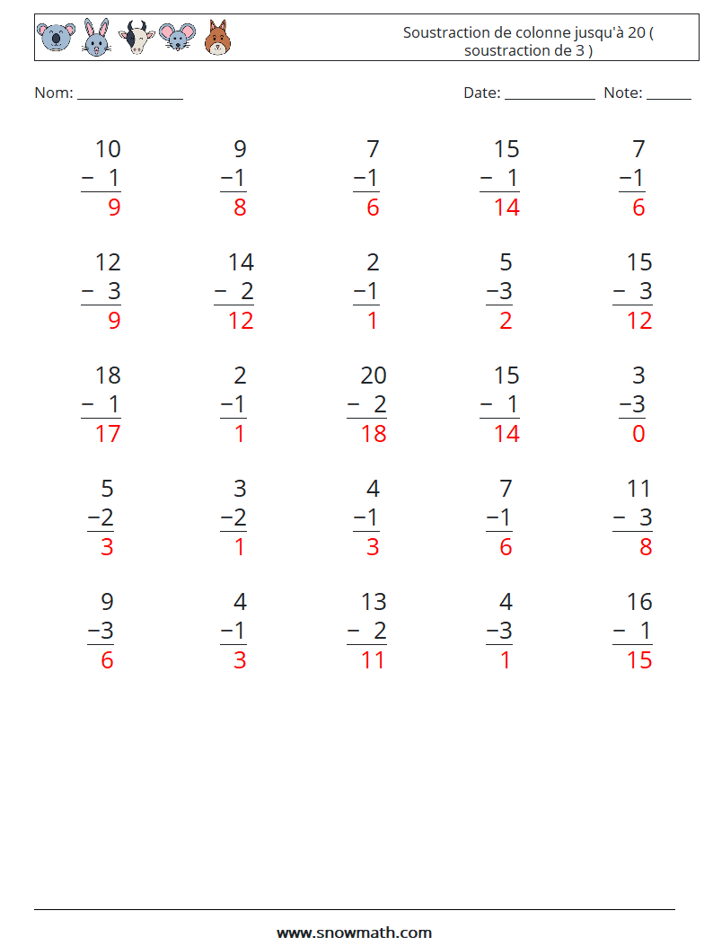 (25) Soustraction de colonne jusqu'à 20 ( soustraction de 3 ) Fiches d'Exercices de Mathématiques 18 Question, Réponse