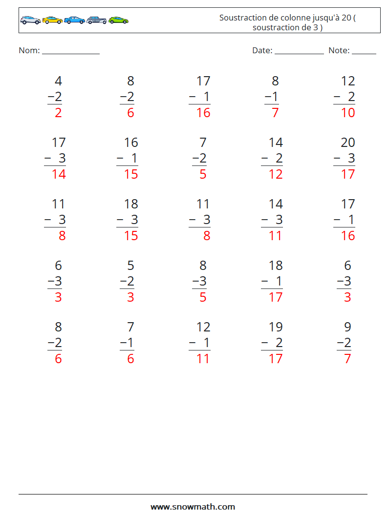 (25) Soustraction de colonne jusqu'à 20 ( soustraction de 3 ) Fiches d'Exercices de Mathématiques 1 Question, Réponse