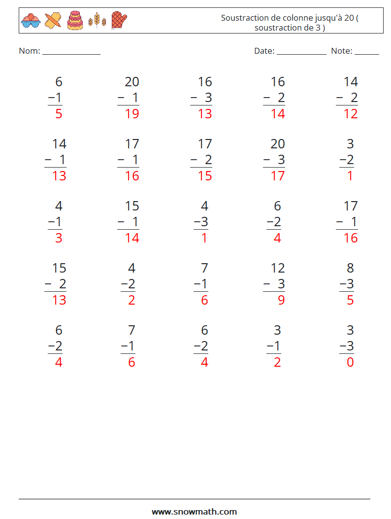 (25) Soustraction de colonne jusqu'à 20 ( soustraction de 3 ) Fiches d'Exercices de Mathématiques 2 Question, Réponse