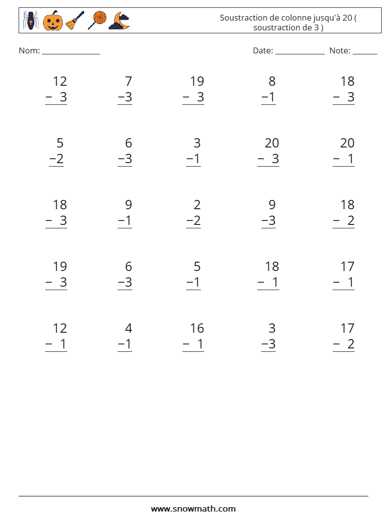 (25) Soustraction de colonne jusqu'à 20 ( soustraction de 3 ) Fiches d'Exercices de Mathématiques 3