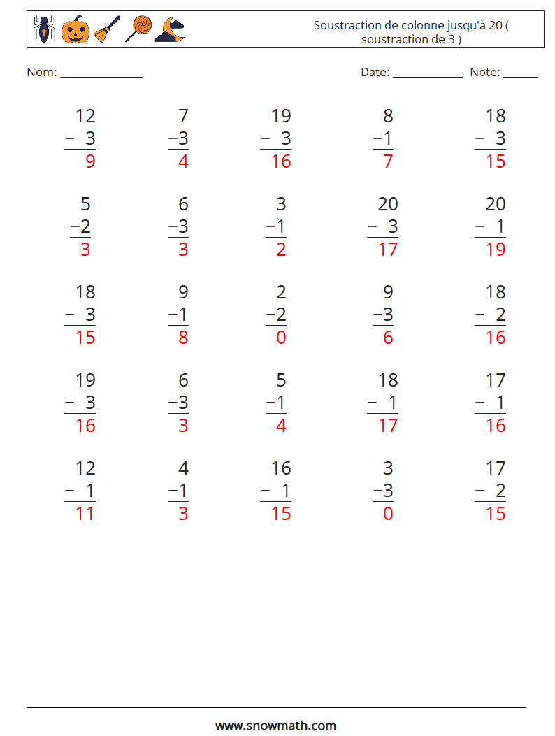 (25) Soustraction de colonne jusqu'à 20 ( soustraction de 3 ) Fiches d'Exercices de Mathématiques 3 Question, Réponse