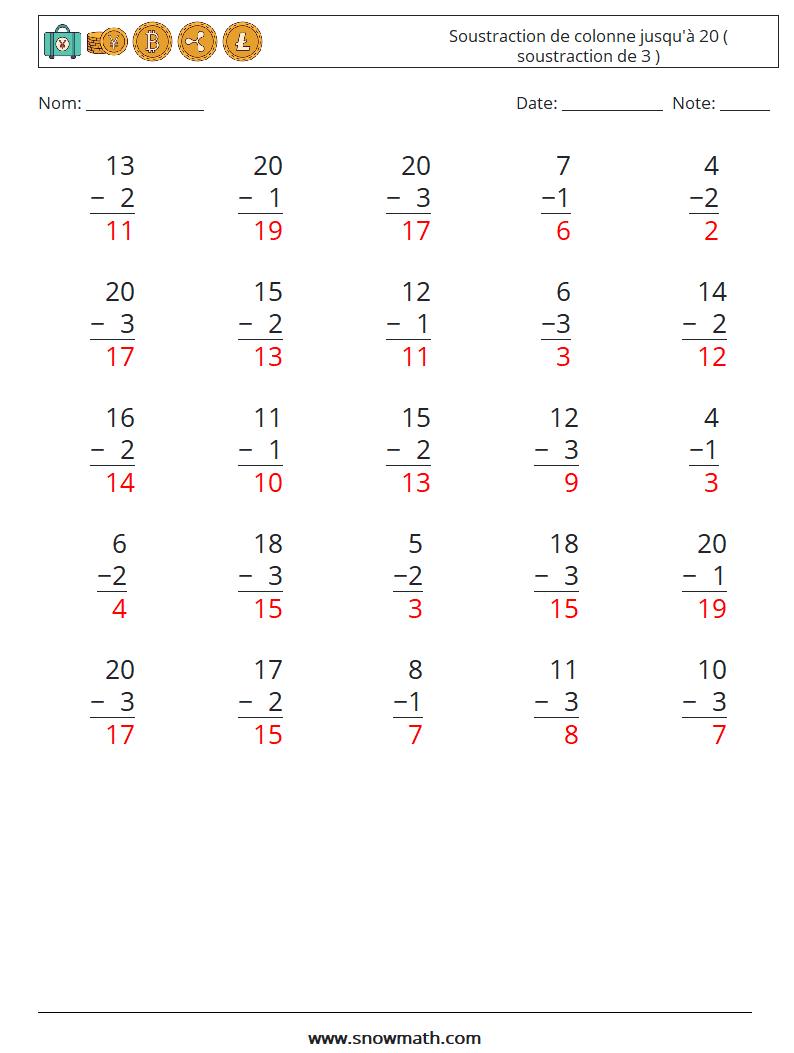 (25) Soustraction de colonne jusqu'à 20 ( soustraction de 3 ) Fiches d'Exercices de Mathématiques 4 Question, Réponse